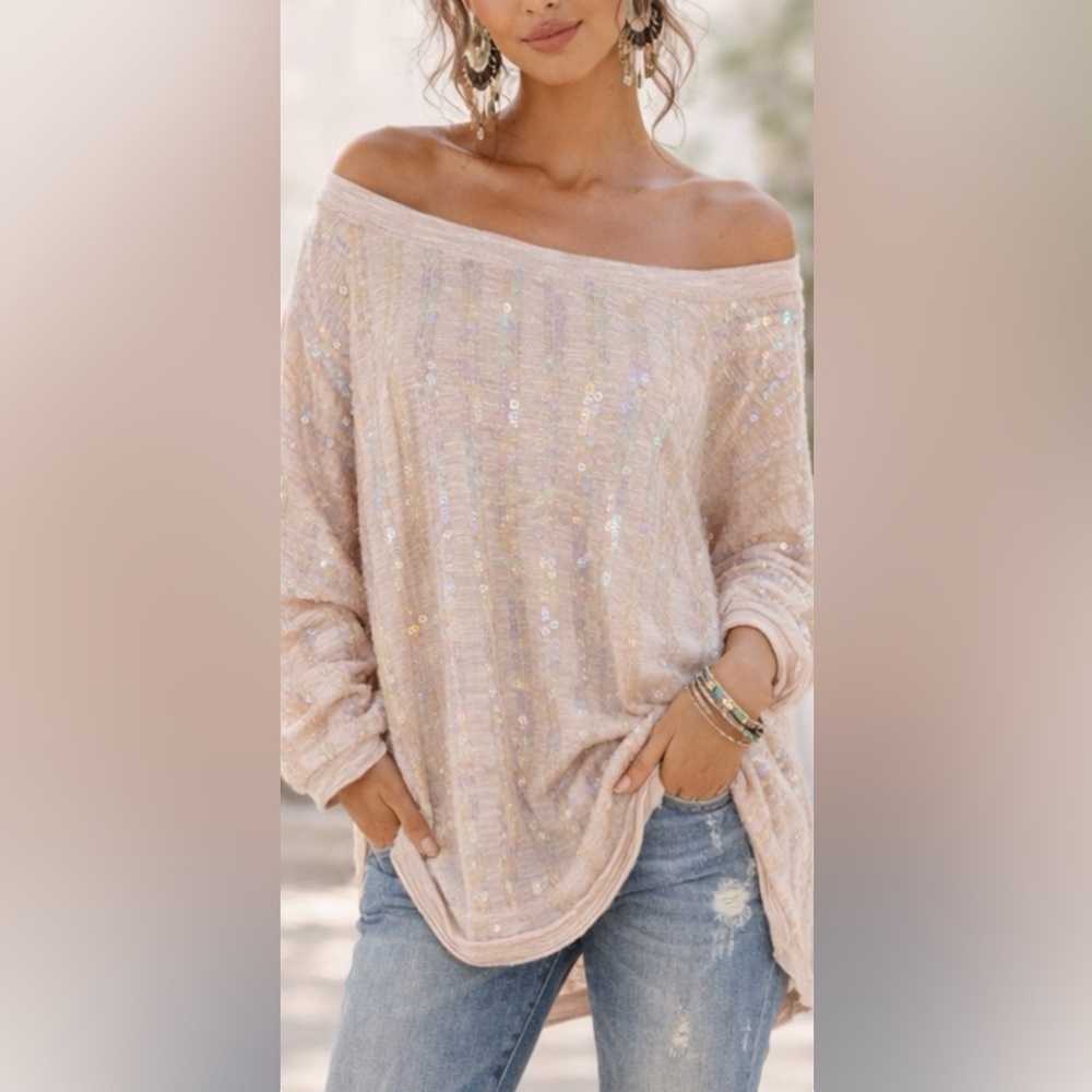 Free People Dusty Pink Oversized Boho Sequin Embellished Sweater Top Size S